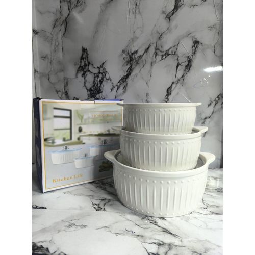 3 Pcs Ceramic Serving Dishes Set with Glass Lids – 3L, 2L & 1.5L