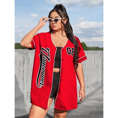 Womens Oversized Baseball Shirt Dress Short Sleeve Button Front Streetwear Jersey Top Casual Sporty Outfit Red