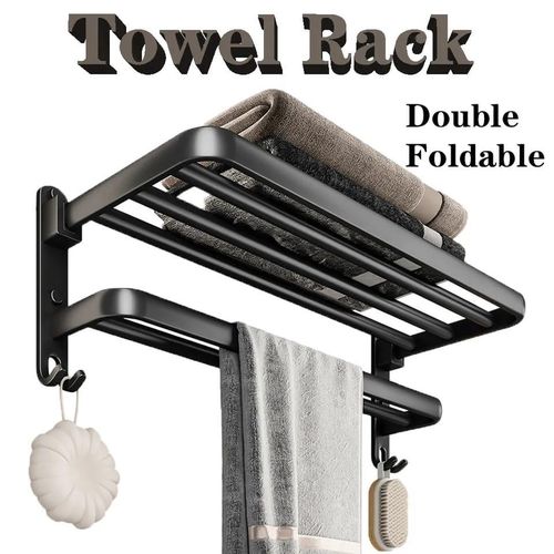 Bathroom Wall Mounted Towel Rack 60cm Double Layer Stainless Steel Aluminum Shower Storage Shelf No Drilling Towel Holder with Hooks Adhesive or Screw Installation Organizer for Bathroom Silver