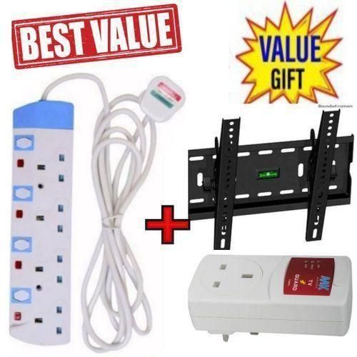 Power King HOME BEST 4 WAY POWER EXTENSION WITH LONG CABLE+TV GUARD +FREE 15-55 TILTING TV WALL MOUNT BRACKET