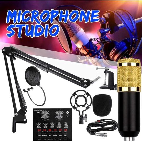 Podcast Equipment Bundle, BM-800 Mic Kit with Live Sound Card, Adjustable Mic Suspension Scissor Arm, Metal Shock Mount and Double-Layer Pop Filter for Studio Recording & Broadcasting
