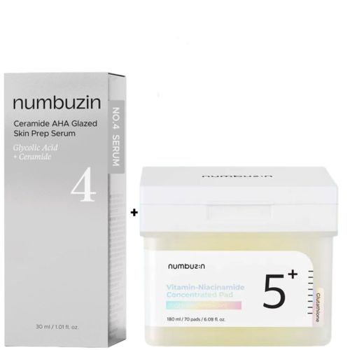 No4 Glycolic acid Ceramide AHA Glazed Serum no5 Glutathione Vitamin Concentrated Toner Pads70pads with Niacinamide TXA Vitamin C Clarifies Fades Dark Spots Acne Marks Hyperpigmentation Hydrates Glows Brightens Evens Gently Exfoliate