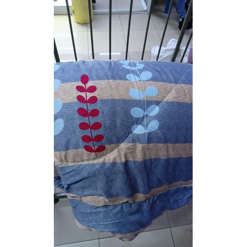 Duvet Set – Executive 4x6 Cotton Bedding – Blue and Beige Striped Pattern with Red and Light Blue Leaf Design