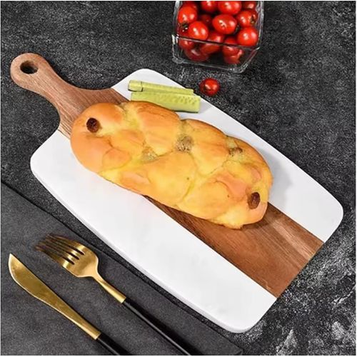 Marble Stone Cutting Board with Acacia Wood – Rectangular Serving Tray