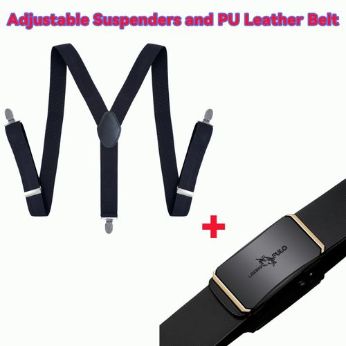 Y-Back Mens Adjustable Stretch Elastic Clip Suspenders PU Leather Belt Set