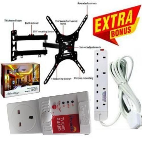QUALITY & HEAVY DUTY FULL MOTION 360 DEGREE TV MOUNT - 14 INCH -55 INCH TILT ROTATING WALL MOUNT BRACKET + EXTRA BONUS TV GUARD SURGE POWER PROTECTOR & 4 WAY POWER EXTENSION CABLE SOCKET