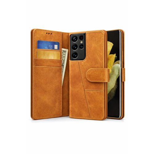 Samsung Galaxy S21 Ultra Executive Leather Wallet Flip Cover – Magnetic Stand Shockproof Case - Light Brown