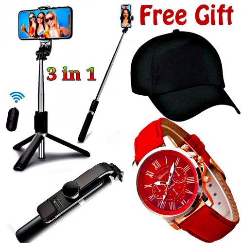 Tripod Stand 3 in 1 Selfie Stick Baseball Cap Ladies Red Geneva Watch