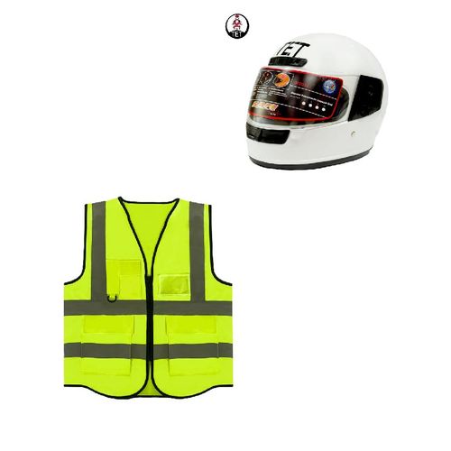 2 Piece Motorcycle Riders Safety Gears: A Full Head Helmet and Reflective Riders Vest