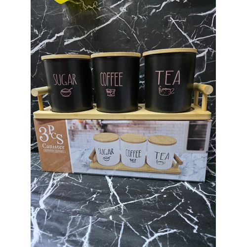 4-Piece Heavy-Quality Black Ceramic Canister Set with Bamboo Lids