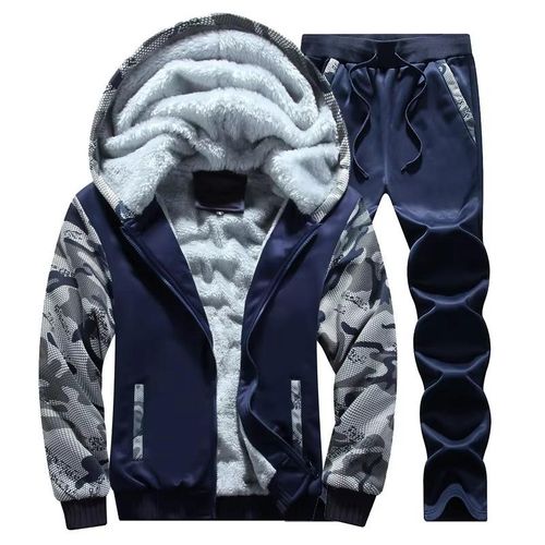 Mens And WomensUnisex Camouflage Fleece-Lined Tracksuit Set Warm Hoodie Jogger Pants For Cold SeasonWinter Outdoor Casual Wear
