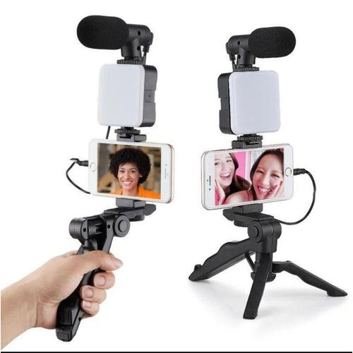 AY-49RGB Video-Making Kit RGB LED Fill Light Noise-Canceling Microphone Tripod Smartphone Holder Complete Vlogging Content Creation Set