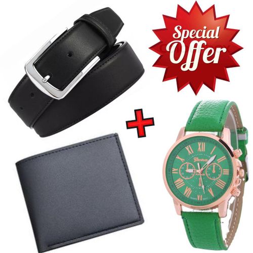 Elegant Black Leather Automatic Buckle Belt For Men's Official Use - Black+Wallet + Watch-Green ...