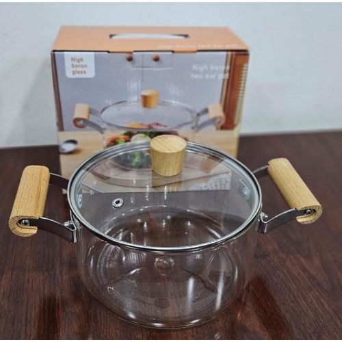 Premium Glass Cooking Pot 25L Borosilicate Heat Resistant with Wooden Handles