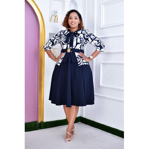 Elegant Semi Turkey Navy Blue Peplum Skater Bress