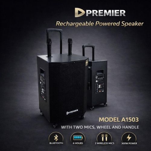 A1503 Rechargeable Powered Speaker 300W Bluetooth With Wireless Microphones And Wheels