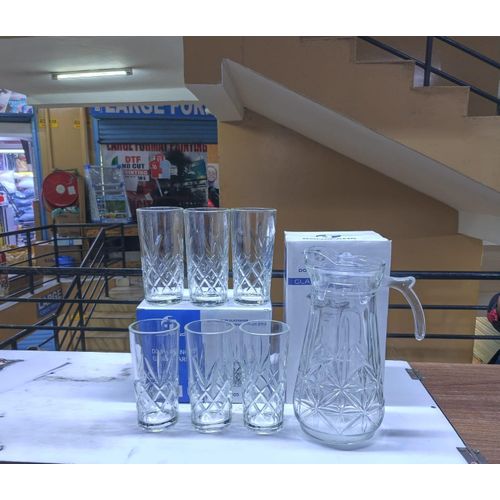 7PCS Glass Jug Tumbler Set Water Juice Pitcher with 6 Crystal Glasses