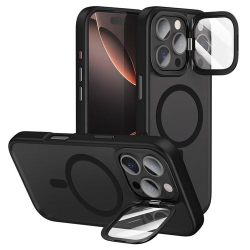 iPhone 16 Pro Max Phone Case, Black Window Mag Series with Built-in Window Camera Stand & Magsafe Compatibility Translucent Matte Back Cover