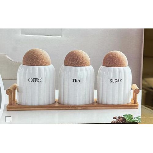 4-Piece Heavy-Quality White Rimmed Ceramic Canister Set with Bamboo Lids