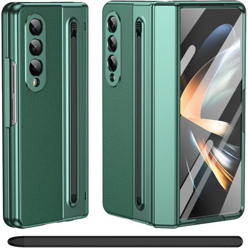 Luxury Foldino Leather Case for Samsung Galaxy Fold 4 with S Pen Slot Hinge Camera and Front Screen Protection - Green Business Class Premium PU Cover