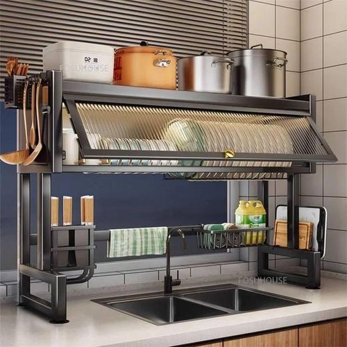 Heavy-Duty Over-the-Sink Dish Rack with Closable Cabinet – Multi-Layer Kitchen Storage Organizer (85×30×80 cm)