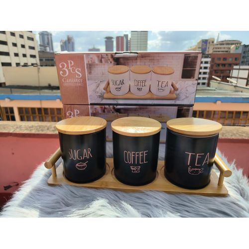 3-in-1 Ceramic Seasoning/Sugar Dish Set with Bamboo Lids & Tray – Kitchen Storage Organizer