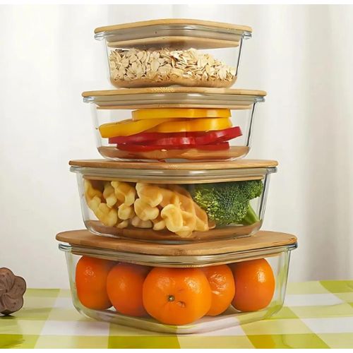 4 in 1 Clear Glass Food Containers with Bamboo Lids Stackable Glass Bowls for Meal Prep Lunch Microwave Freezer