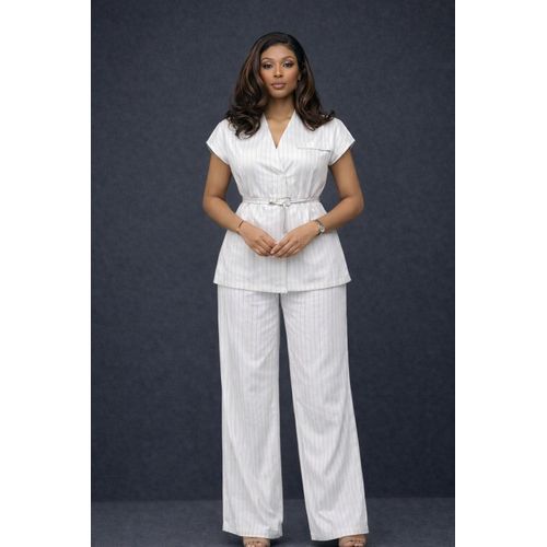 Elegant Boss Lady 2-Piece Sleeveless Top High-Waist Pants Set Pinstripe Edition with Belt- White