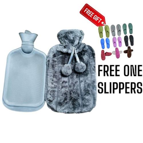 2L Hot Water Bottle With soft faux covergrey FREE Cozy Indoor Slippers Warmth Combo
