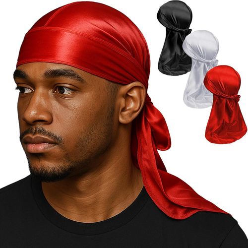 3PCS Silky Durag Pack for Men Waves, Satin Doo Rag for 360 540 720 Waves (Red+White+Black)