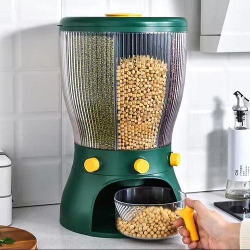 360 Rotating 3-Partition Cereal Grain Dispenser - Airtight Dry Food Storage Organizer with Measuring Cup