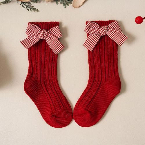 Baby Girls Red Big Bow Christmas Socks Kids Children Cotton Solid Woolen Sock Leg Warmers Girl Toddler Soft Socken For 0-5Years0-1 Years S