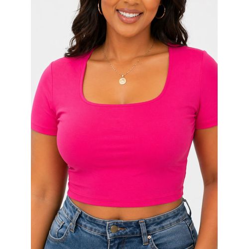Hot Pink Fitted Crop Top Short Sleeve Square Neck Top