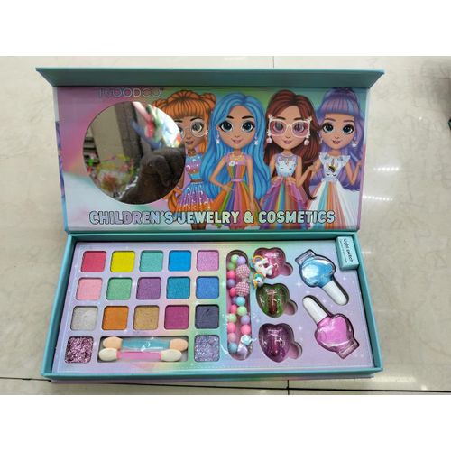 IGoodco 23-in-1 Kids Makeup Kit for Girls – Non-Toxic & Washable Real Cosmetics Set – Luxury Jewelry & Makeup Vanity Case with LED Light Effect, Eyeshadow, Nail Polish, and Accessories (