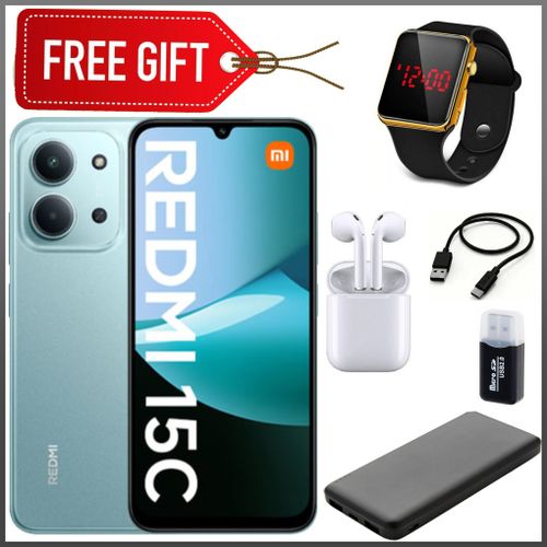 15C By Xiaomi, 6.9", 4GB RAM + 128GB, 6000mAh (Dual Sim) 1 Year warranty - Black +LEDwatch+Earpods+Cable+Cardreader+Powerbank