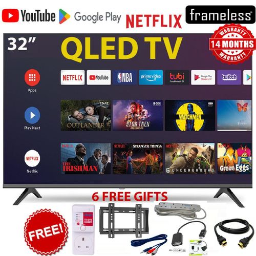 HTC3288QS 32 Inch QLED Smart Android TV Android 14, Frameless, Bluetooth & Wi-Fi Enabled, Digital TV Inbuilt Decoder, Netflix, YouTube, App Store +6 Free Accessories