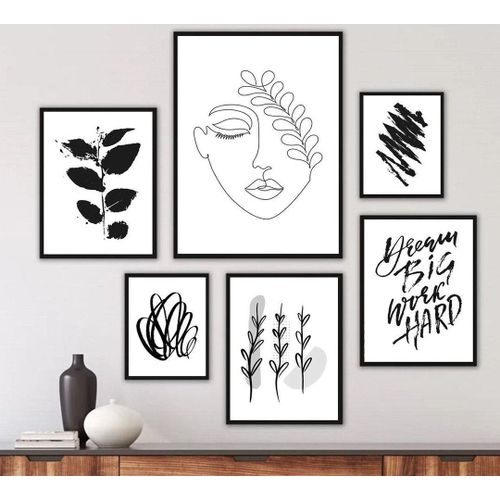 6 Piece Modern Abstract Wall Art Set With Glass. Ready To Hang. Wooden Frames Black, White & Clear Wooden