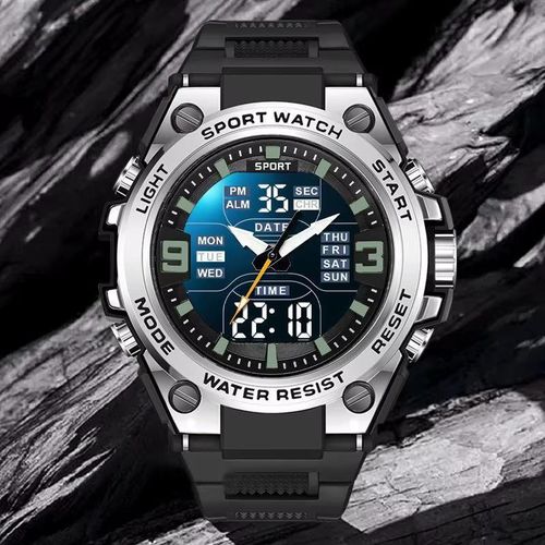 Mens Rugged Sports Digital Watch - 50M Waterproof LED Backlight - Silver