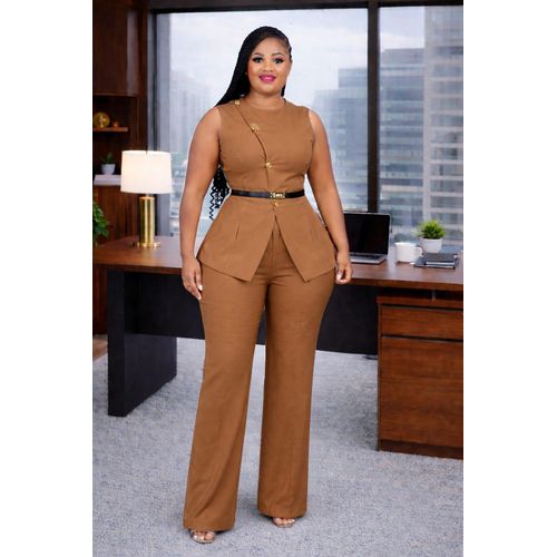 Ladies ClassyTwo-Piece brown Matching Set Top and Trouser