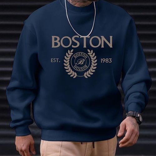 Mens Heavyweight Navy blue Sweatshirt Boston Print Crewneck Pullover Thick Cotton Warm Casual Streetwear Hoodie Alternative
