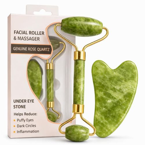 3-in-1 Natural Jade Stone Facial Roller & Gua Sha Massager Set - Anti-Aging Face Roller for Wrinkles, Puffy Eyes & Skin Firming