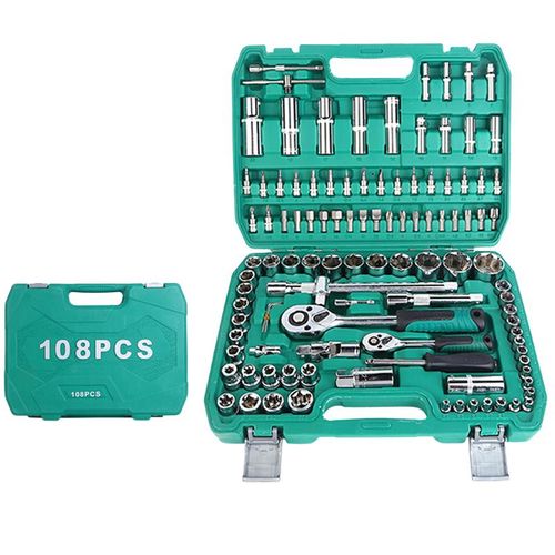 108 Pcs Mechanic Socket Tool Kit,CR-V Steel Metric And 1/4 & 1/2 Ratchet set,Universal Joint,Extension Bars,Adapter,Quick Release Ratchet Wrench,Tool Box Set for Car Garage