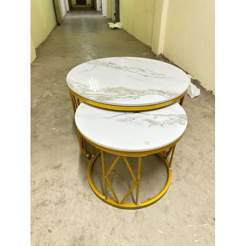 Nesting Round Marble-Top Tables with Gold Metal Frames – 2-Piece Set
