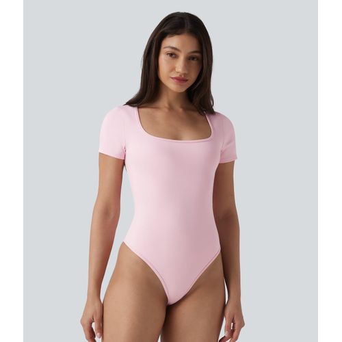 Pink Square Neck Short Sleeve Bodysuit for Women