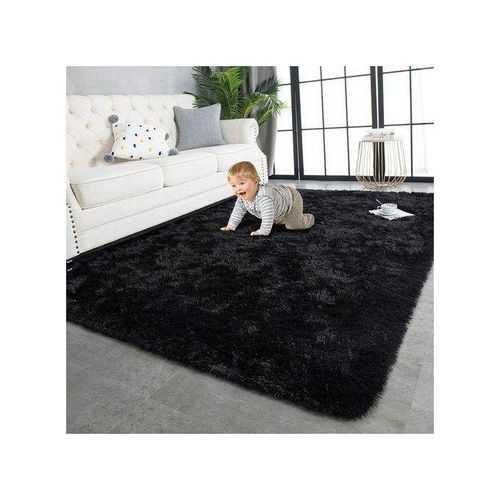 Quality Soft Fluffy Black Plain Carpets Non-slip Rugs Floor Mat-3x6/Bedside,5x8 ,7x8 and 7x10 sizes