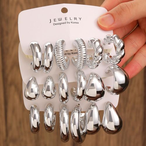 9 Pairs Geometric Hoop Drop Shape Earrings Set for Women - Silver