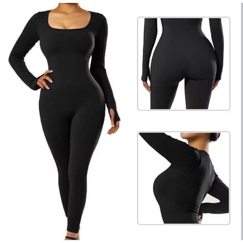 Good Stretch Ribbed Bodycon Sculpting Quality LONG SLEEVE BLACK Jumpsuit Women Casual Basics Essentials One Piece (Fits Sizes 8-12)