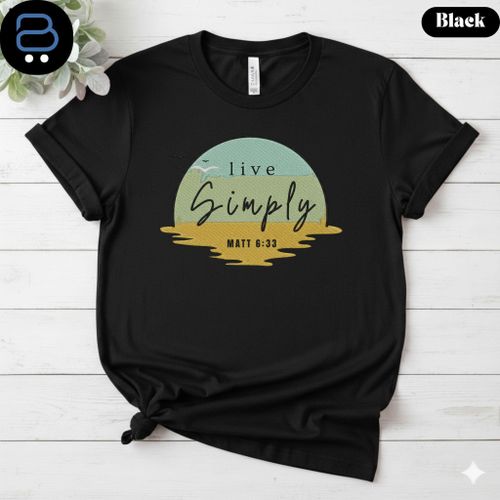 Live Simply T-Shirt – Retro Sunset Graphic with Matthew 6:33-BLACK