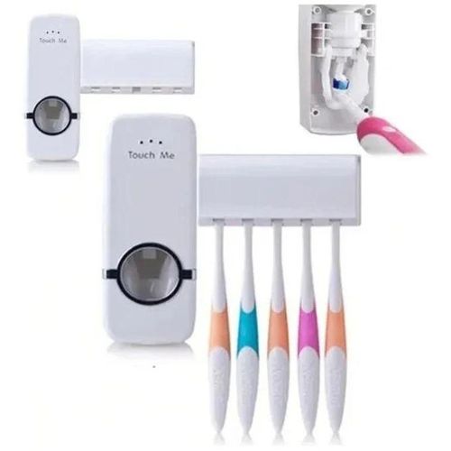Hands-Free Toothpaste Dispenser & Toothbrush Holder Set - White, Automatic Squeezer, 5 Brush Capacity