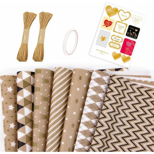 Gift Wrap Paper, Gift Wrapping Paper Sheets Set 7 Pack Wrapping Paper with String Sticker and Tape Gift Wrapping Paper Roll for Birthday Party Wedding Graduation Eid, 50cm X 70cm/Sheet